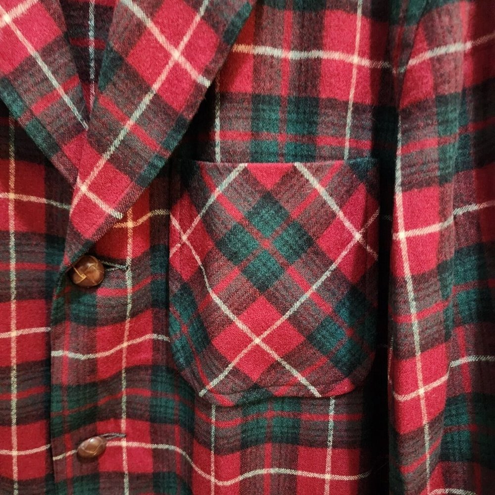 VTG Pendleton 60s 70s Smoking Jacket Red Tartan Plaid Size S 100% Virgin Wool - Picture 6 of 10
